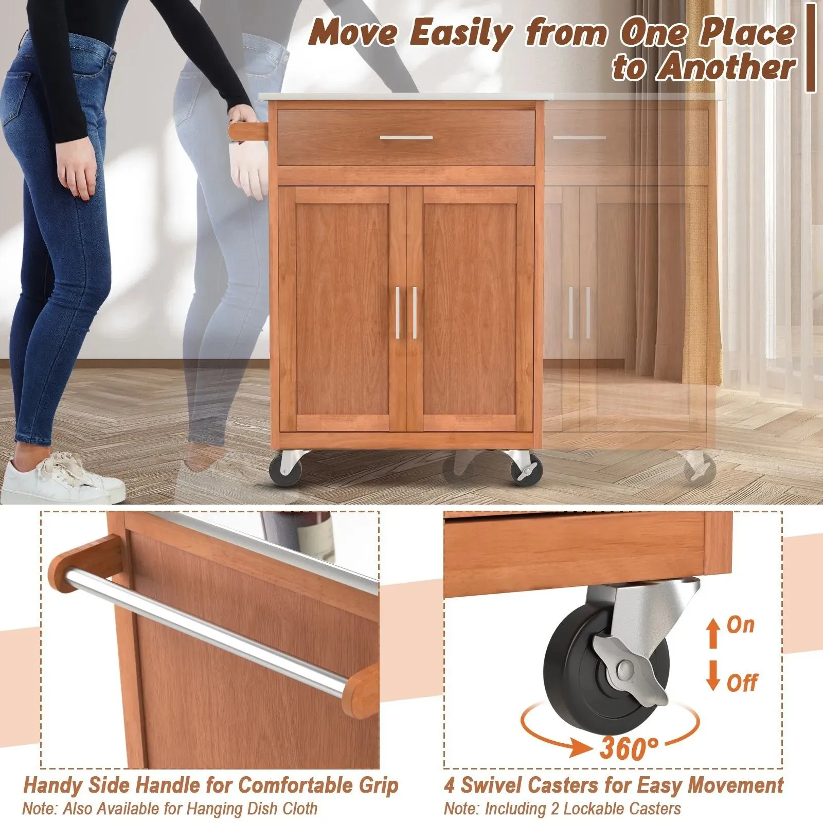 Costway Kitchen Island Rolling Storage Cabinet Trolley Cart Stainless Steel Countertop in Light Oak 6