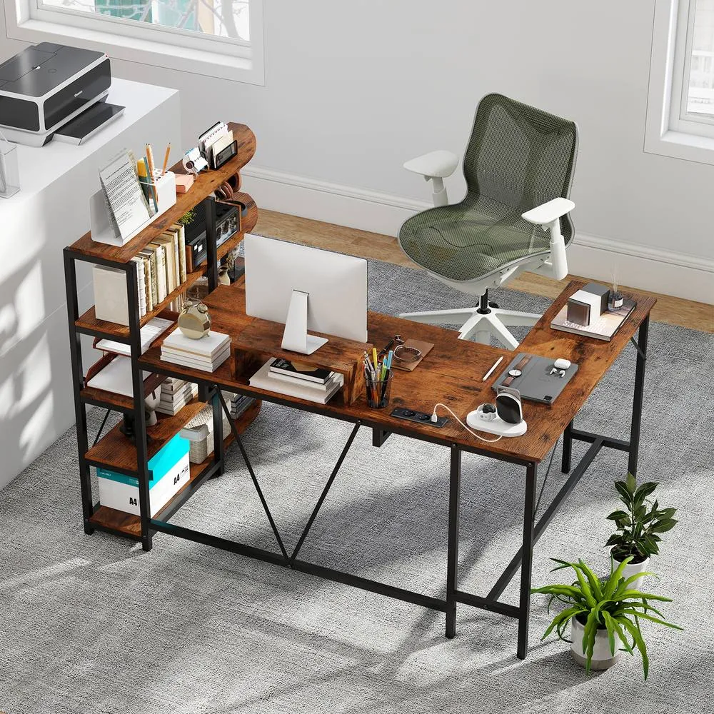 Costway L Shaped Desk with Corner Computer Desk Brown 3