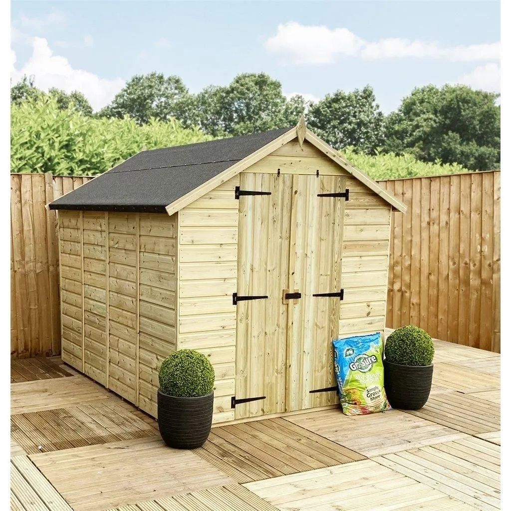 Marlborough 8 x 5 Pressure Treated Low Eaves Apex Garden Shed with Double Door in Natural 2
