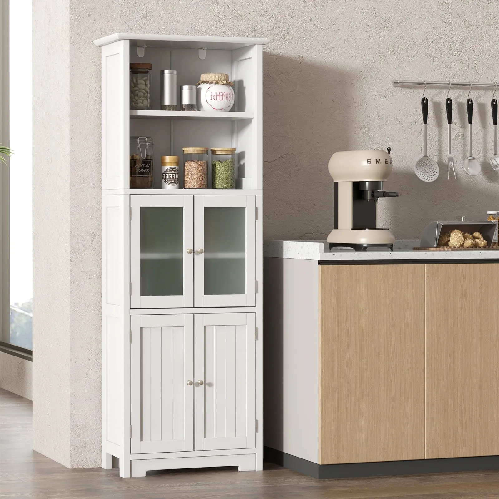 Costway 163cm Tall Bathroom Storage Cabinet Freestanding Kitchen Pantry Cupboard in White 5