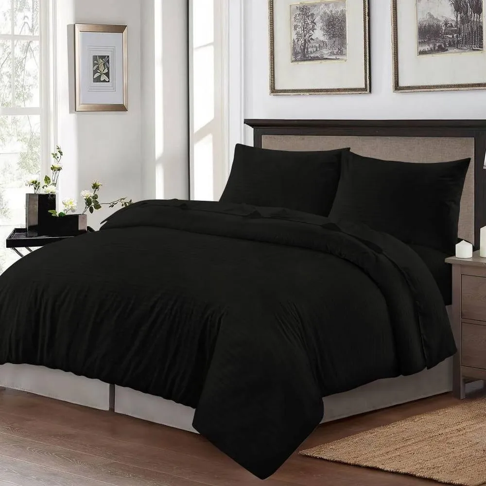 Homes-Linen Luxury Brushed Microfiber Stripe Duvet Cover Set with Pillowcases in Black