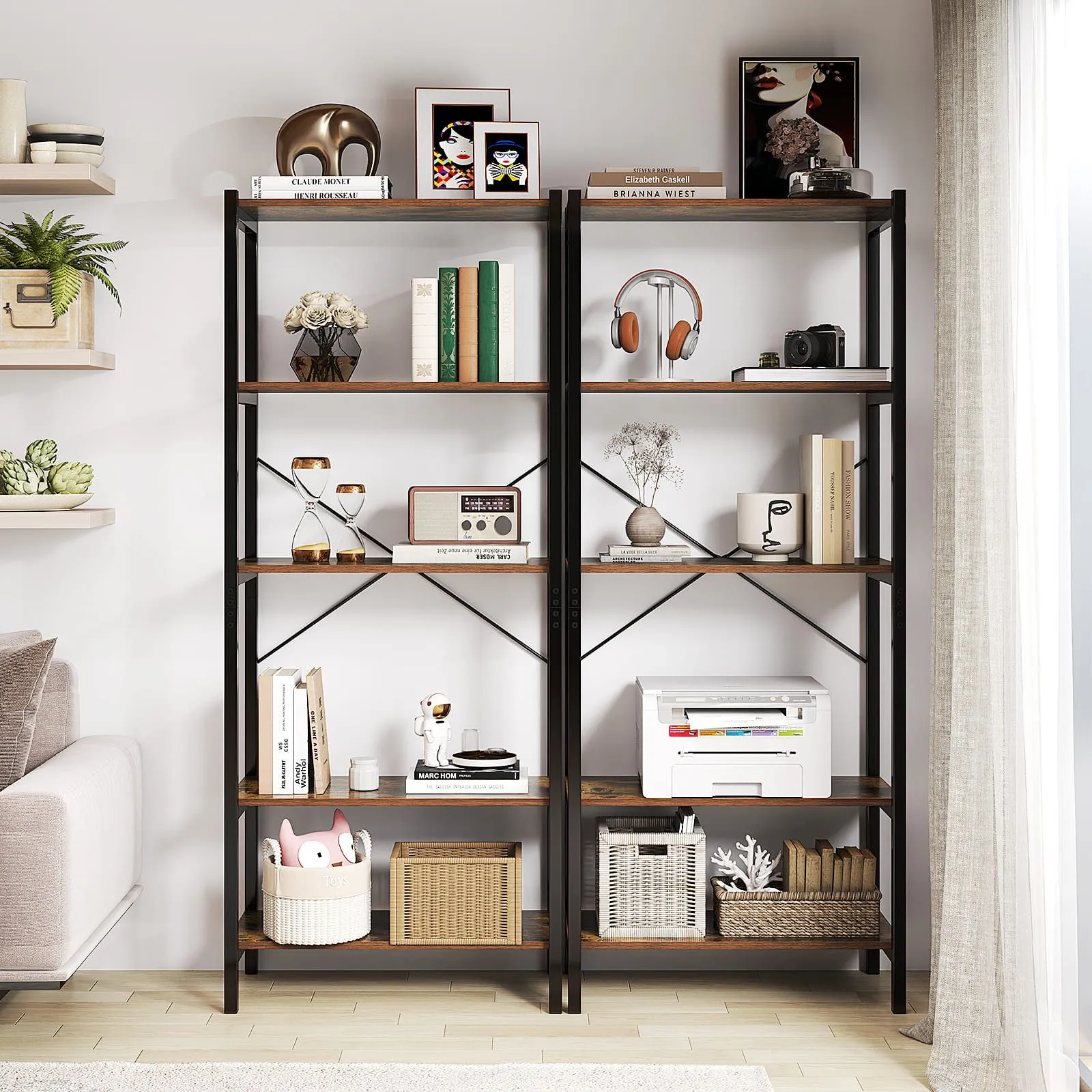 Costway 5-Tier Bookshelf Bookcase Display Rack with Metal Frame-Coffee in Dark Brown 5