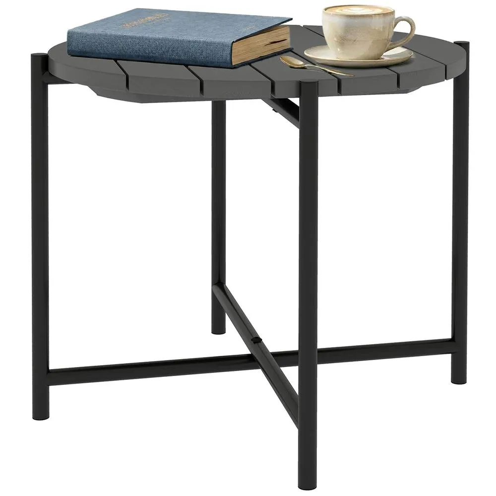 OUTSUNNY 54 cm Round Garden Table, Slatted Wood Top Outdoor Table, Dark Grey 2