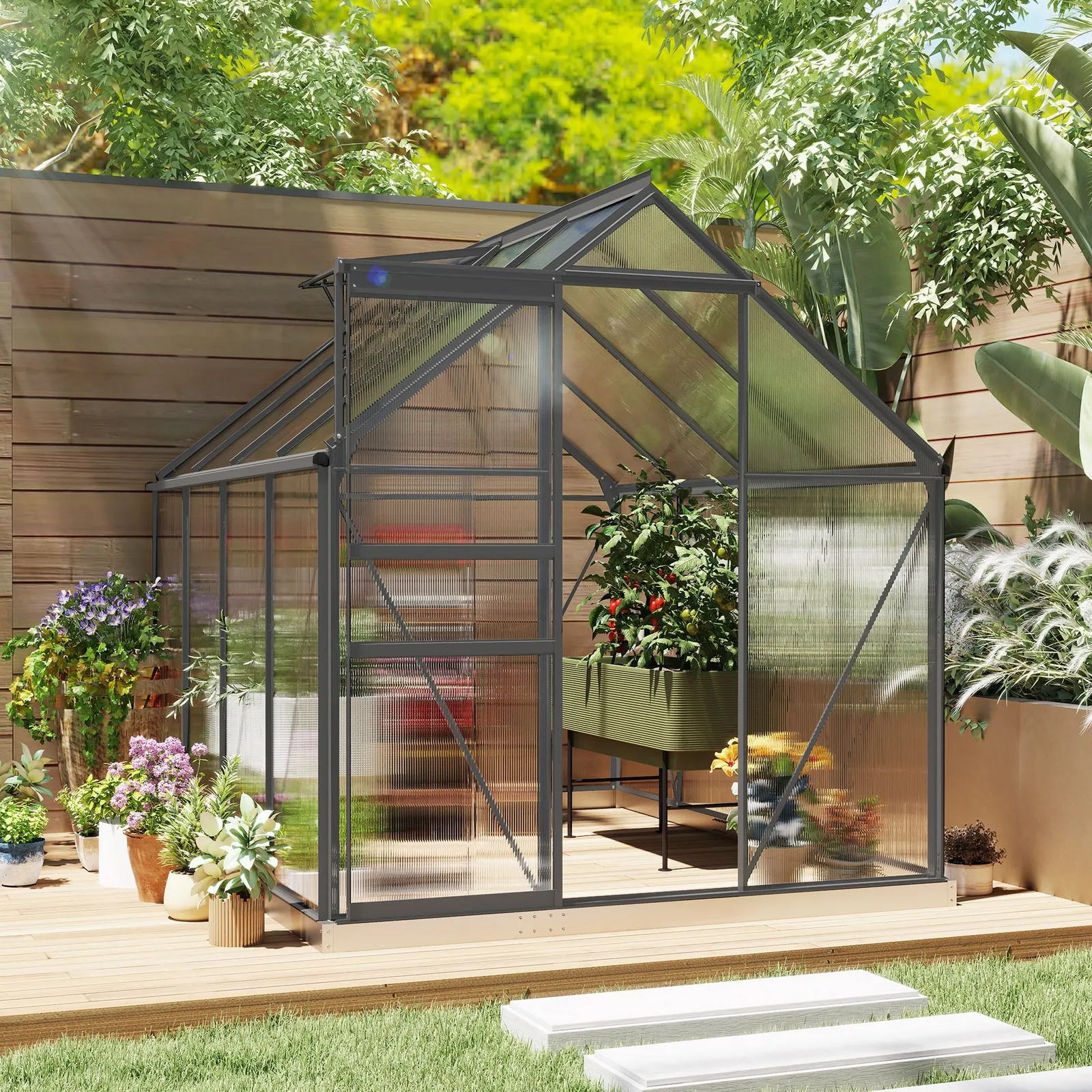OUTSUNNY Polycarbonate Walk-in Garden Greenhouse w/ Sliding Door Dark Grey