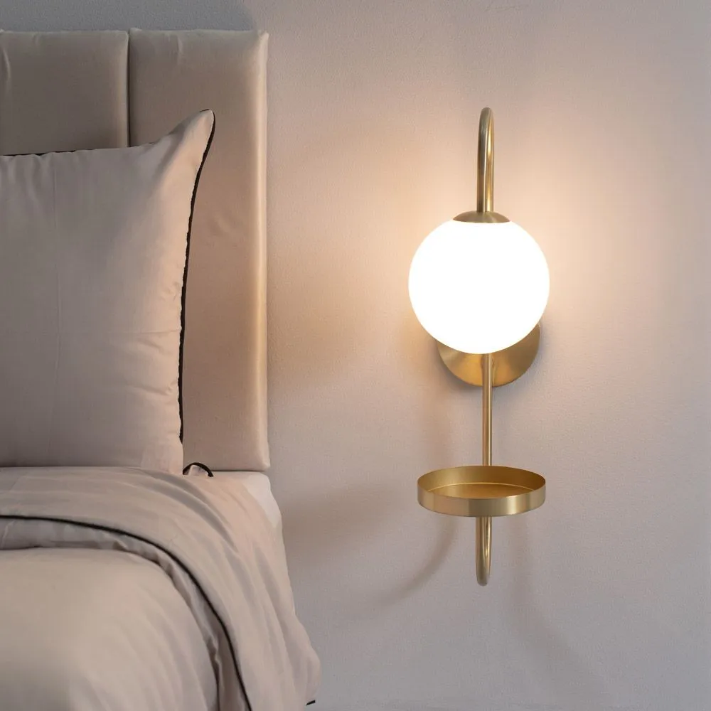 ValueLights Milo Frosted Glass Globe Shade Curved Wall Light with Shelf & LED Bulb in Gold 5