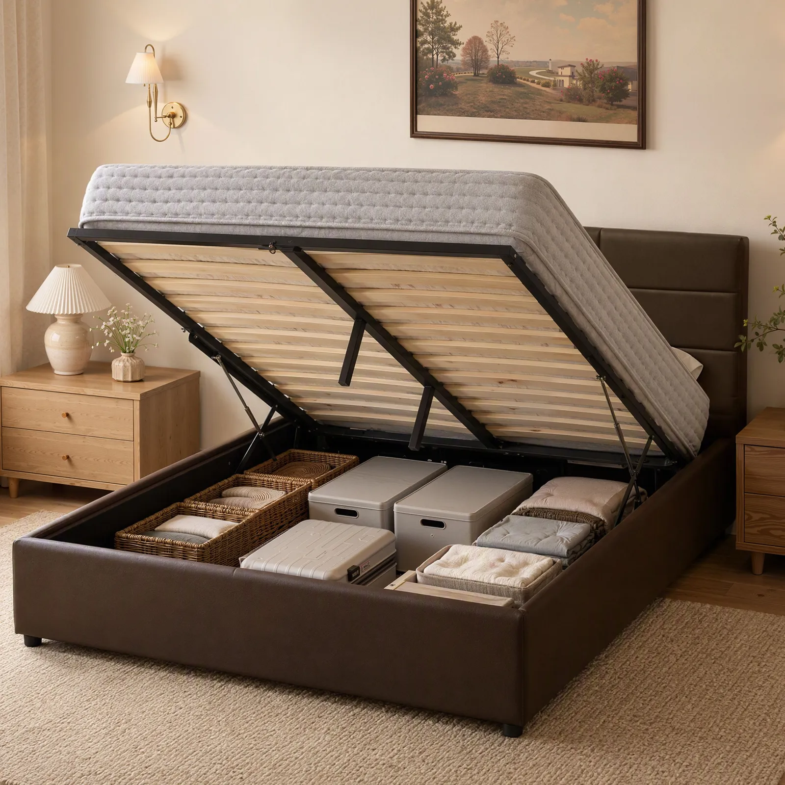 Comfy Living Ltd PU Faux Leather Gas Lift Ottoman Bedframe in Dark Brown 3