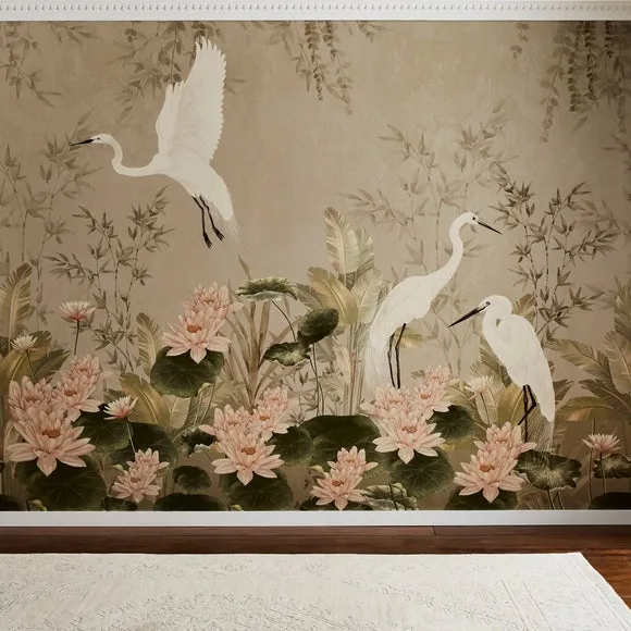 Cranberry and Laine Opulent Crane Wall Mural 2