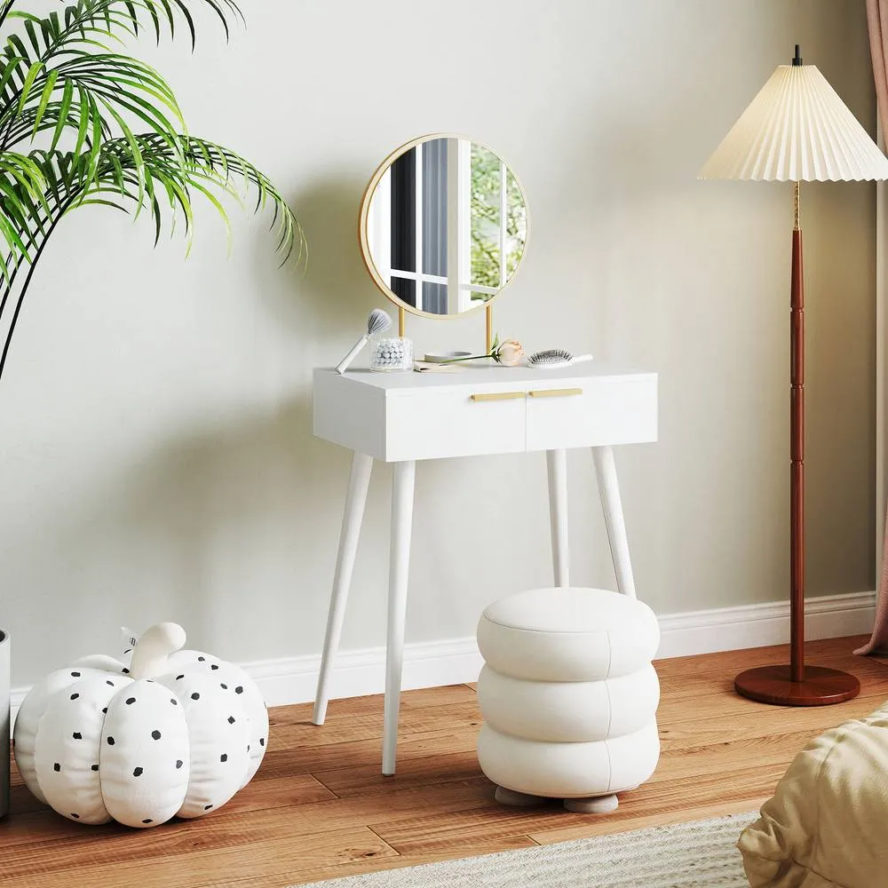 HOMCOM Modern Dressing Table w/ 2 Drawers Round Mirror for Bedroom White 6