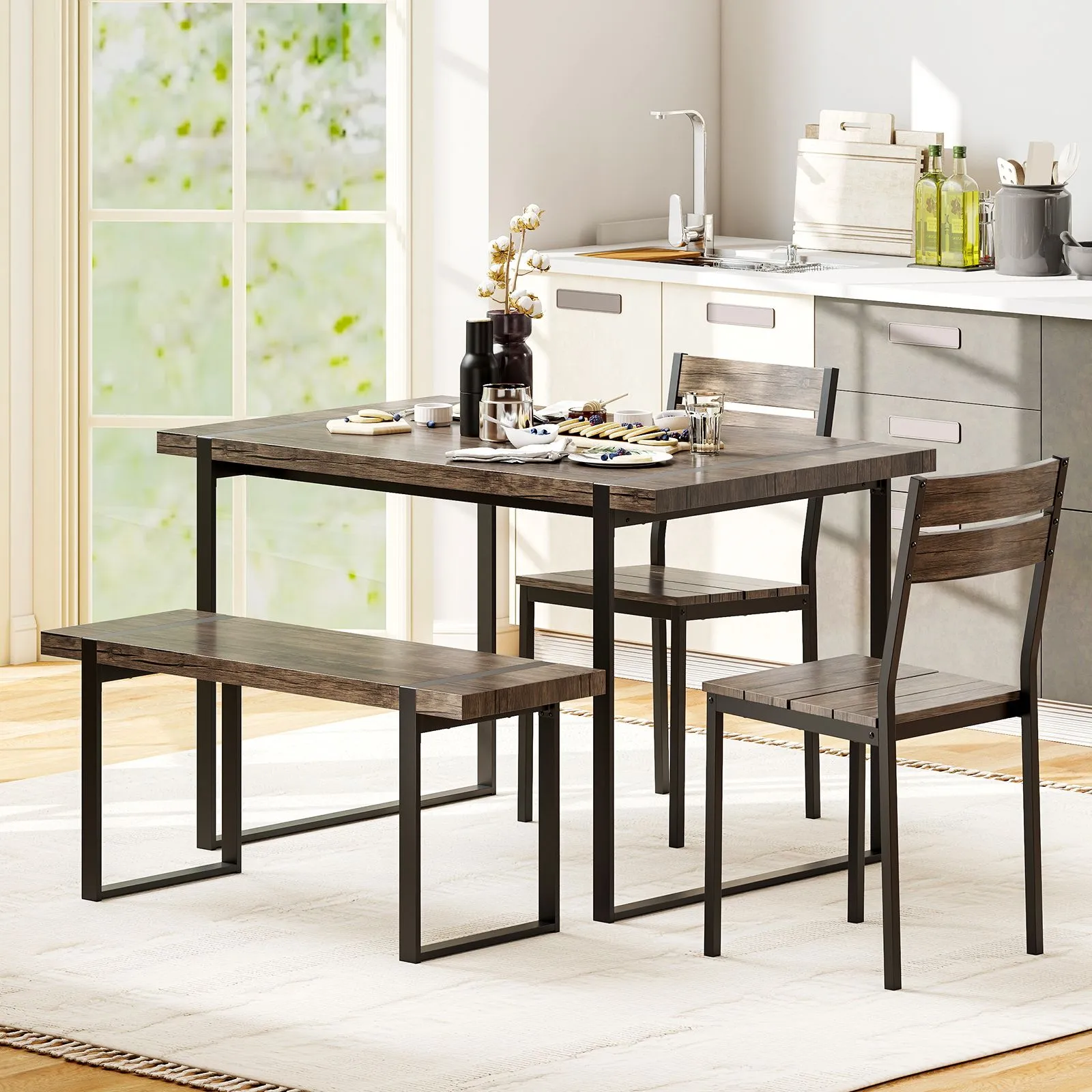 Costway 4PCS Dining Table Set for 4 Wooden Rectangular Kitchen Table in Grey 4