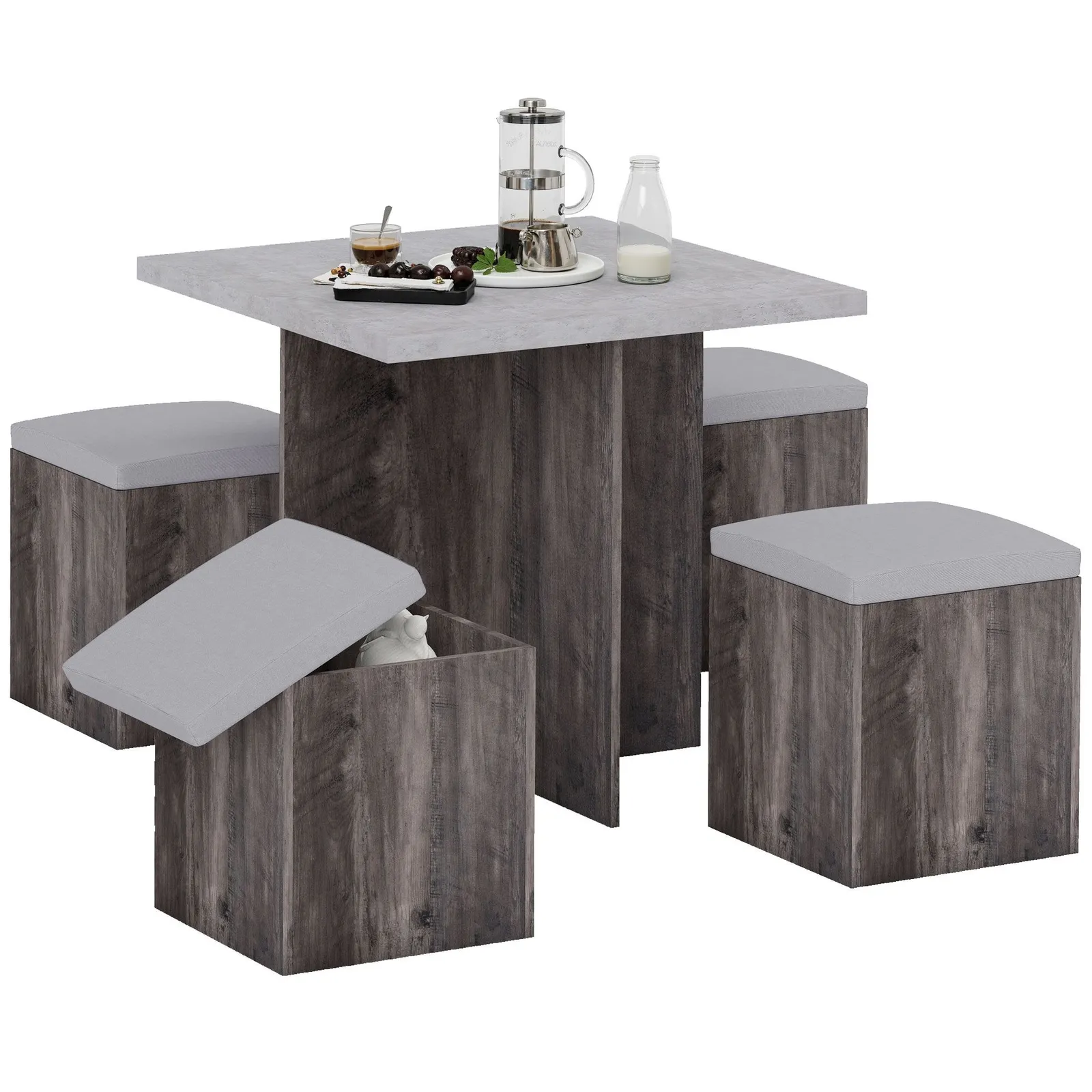 HOMCOM 5 PC Dining Set Wooden Space saving Storage Cushioned Ottoman Seats in Grey 2
