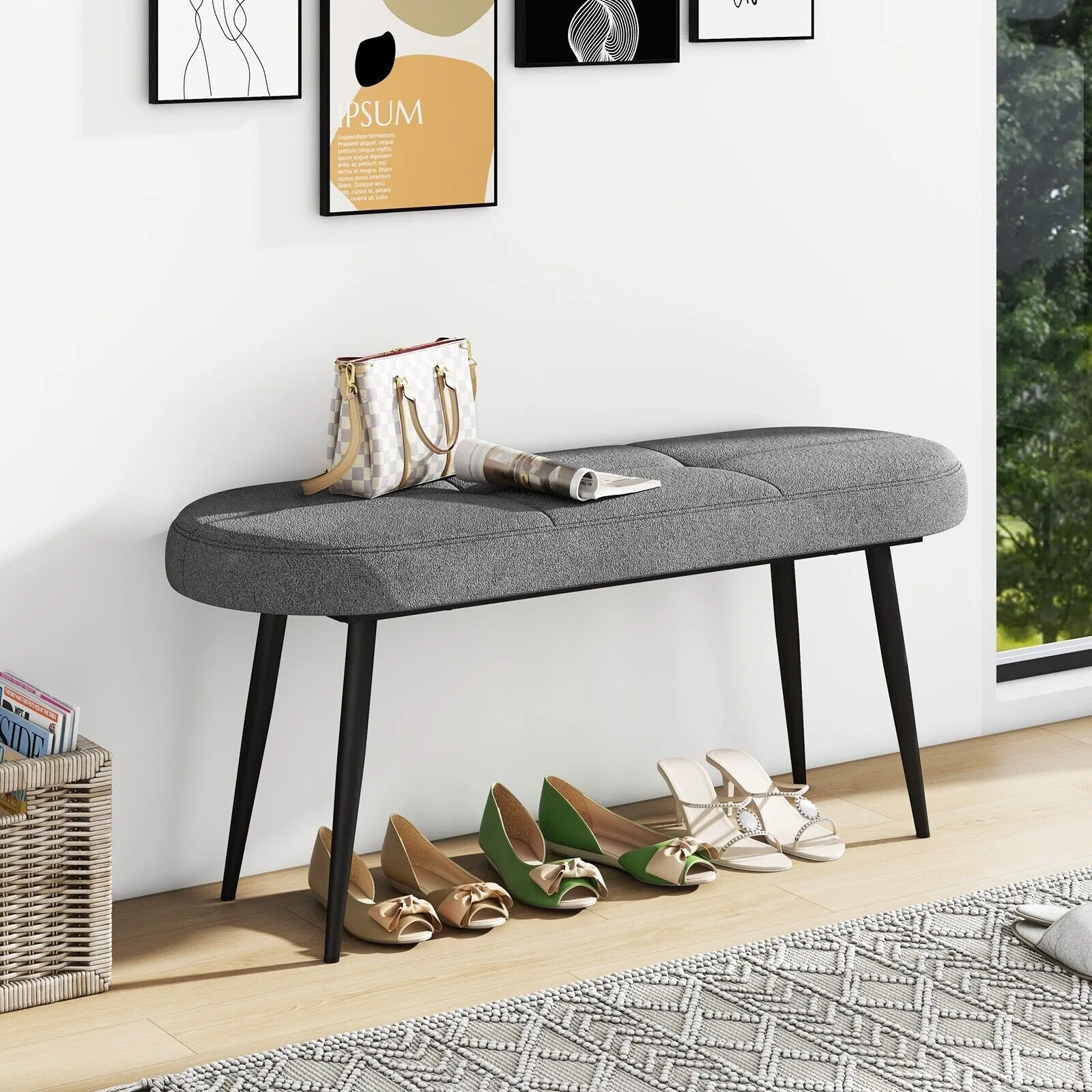 Costway 113 cm Ottoman Bench Bedroom Upholstered End of Bed Bench w/ Cushion in Grey 4