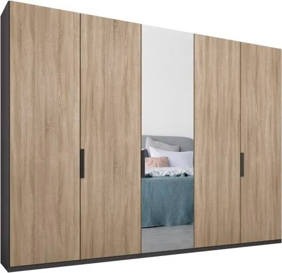 Caren 5 door  250cm Hinged Wardrobe, Graphite Grey Frame, Oak & Mirror Doors, Premium Interior