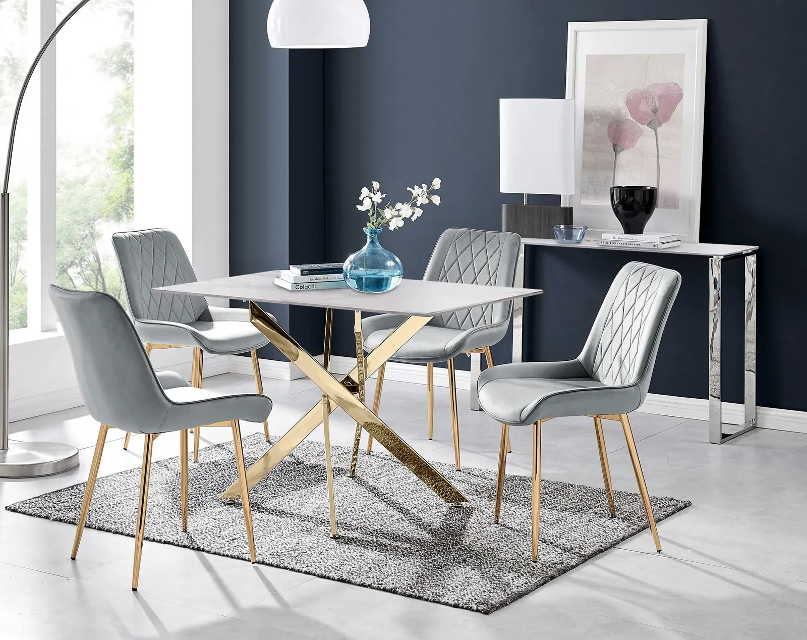 FurnitureboxUK Leonardo White Glass Marble Effect Gold Leg Table & 4 Pesaro Gold Leg Chairs in Grey
