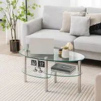Costway 3-Tire Modern Oval Tea Table Smooth Glass Coffee Table Sofa End Side Table in Clear 5