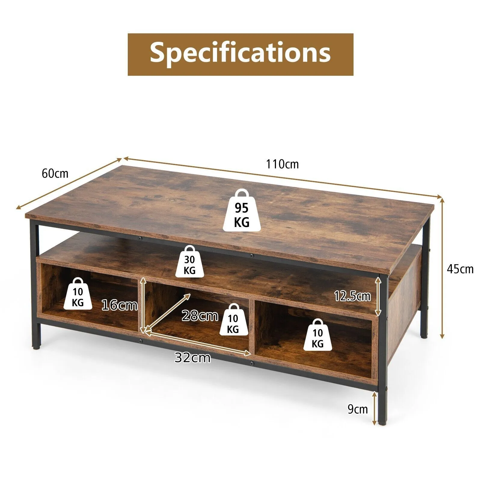 Costway Industrial Coffee Table Wooden Cocktail Center Table with Storage Shelf in Brown 2