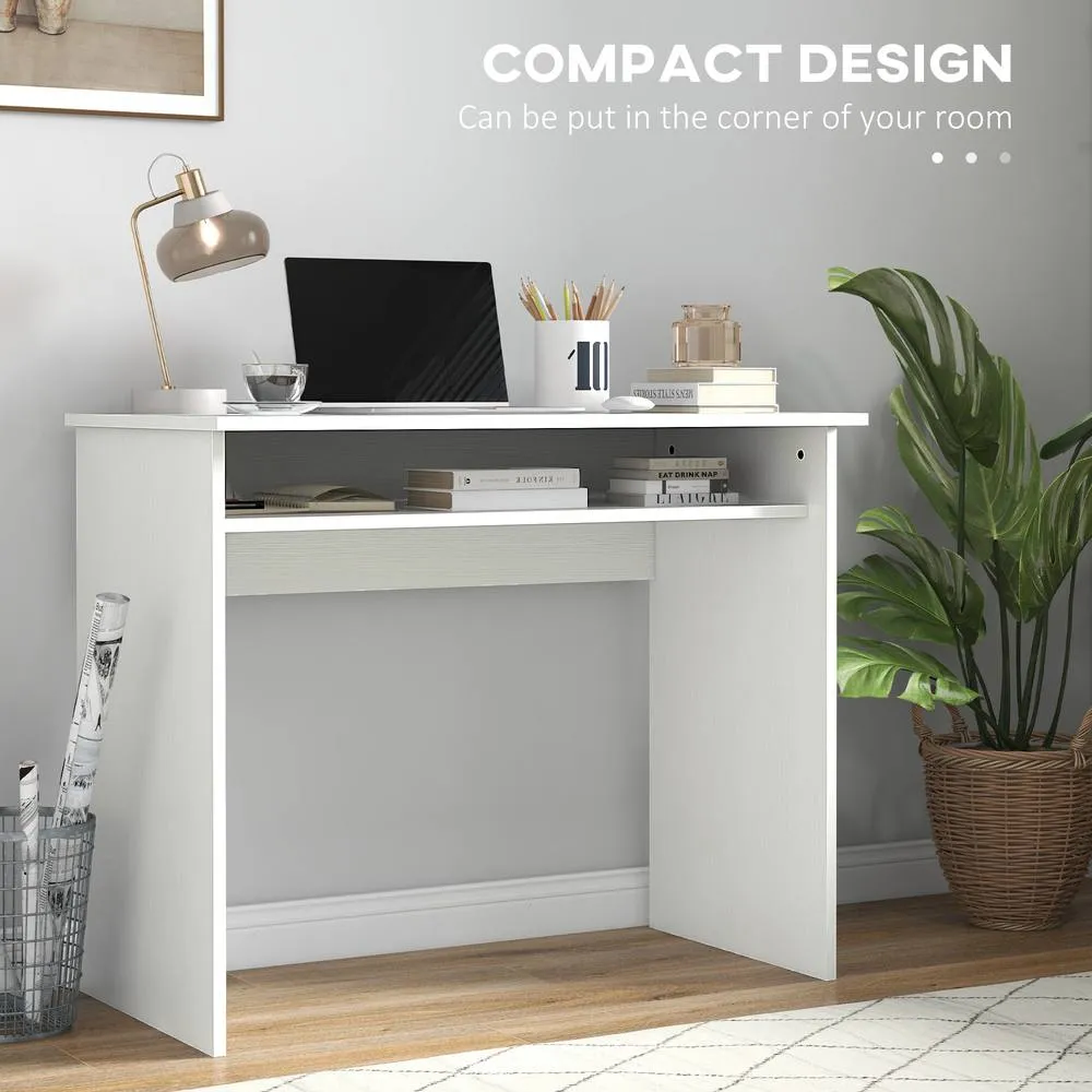 HOMCOM Home Office Desk & Ergonomic Mesh Chair Set with Shelf Lumbar Support in White 4