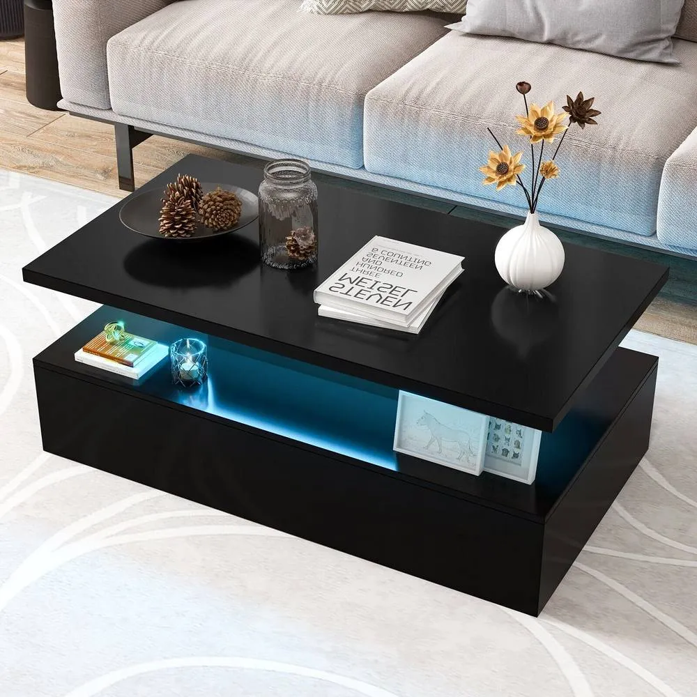 Costway 2-Tier Coffee Table Modern Center Table Cocktail Table W/ LED light in Black 4