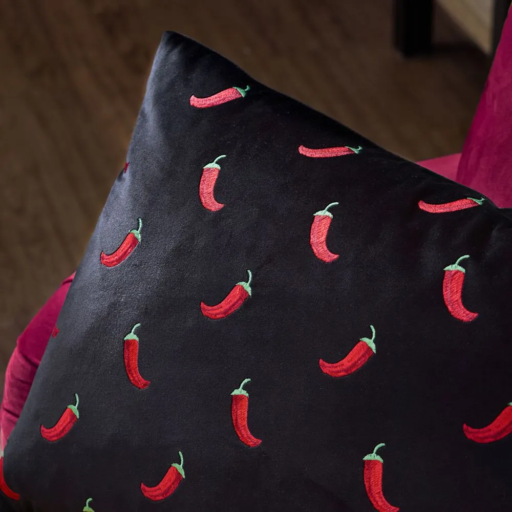 Furn Chillies Embroidered Cushion in Black