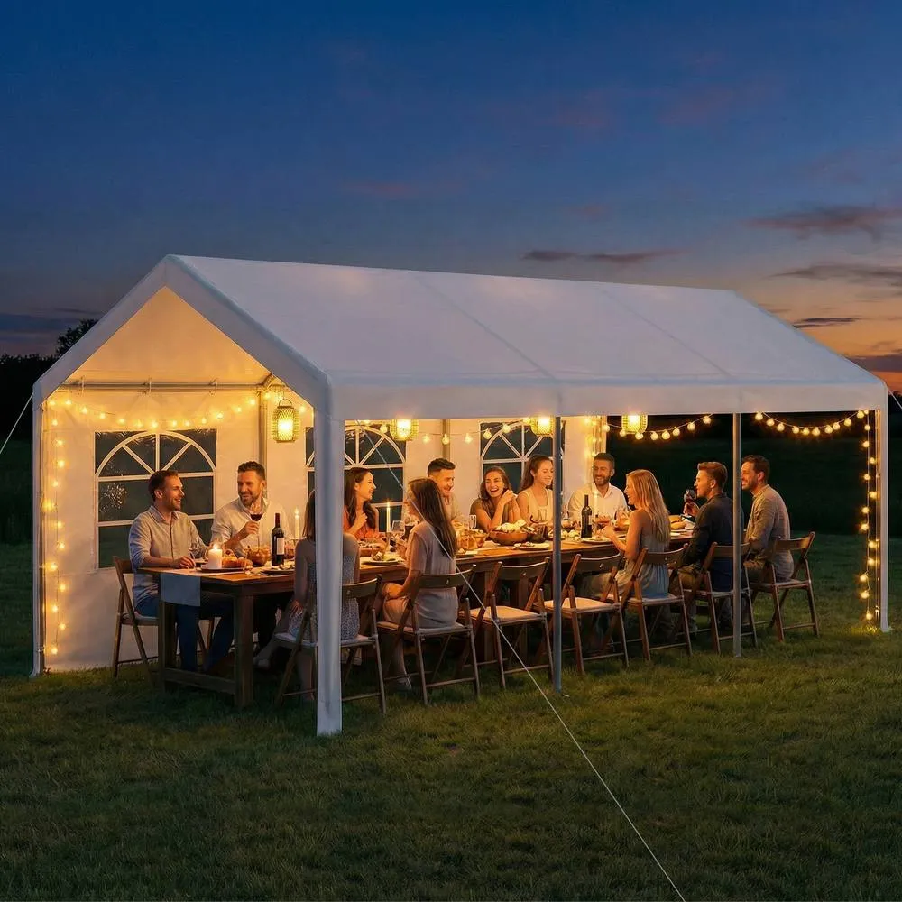 Costway 10 x 19 FT Car Canopy w/ Roll-Up Windows & Removable Doors Car Shelter in White 3