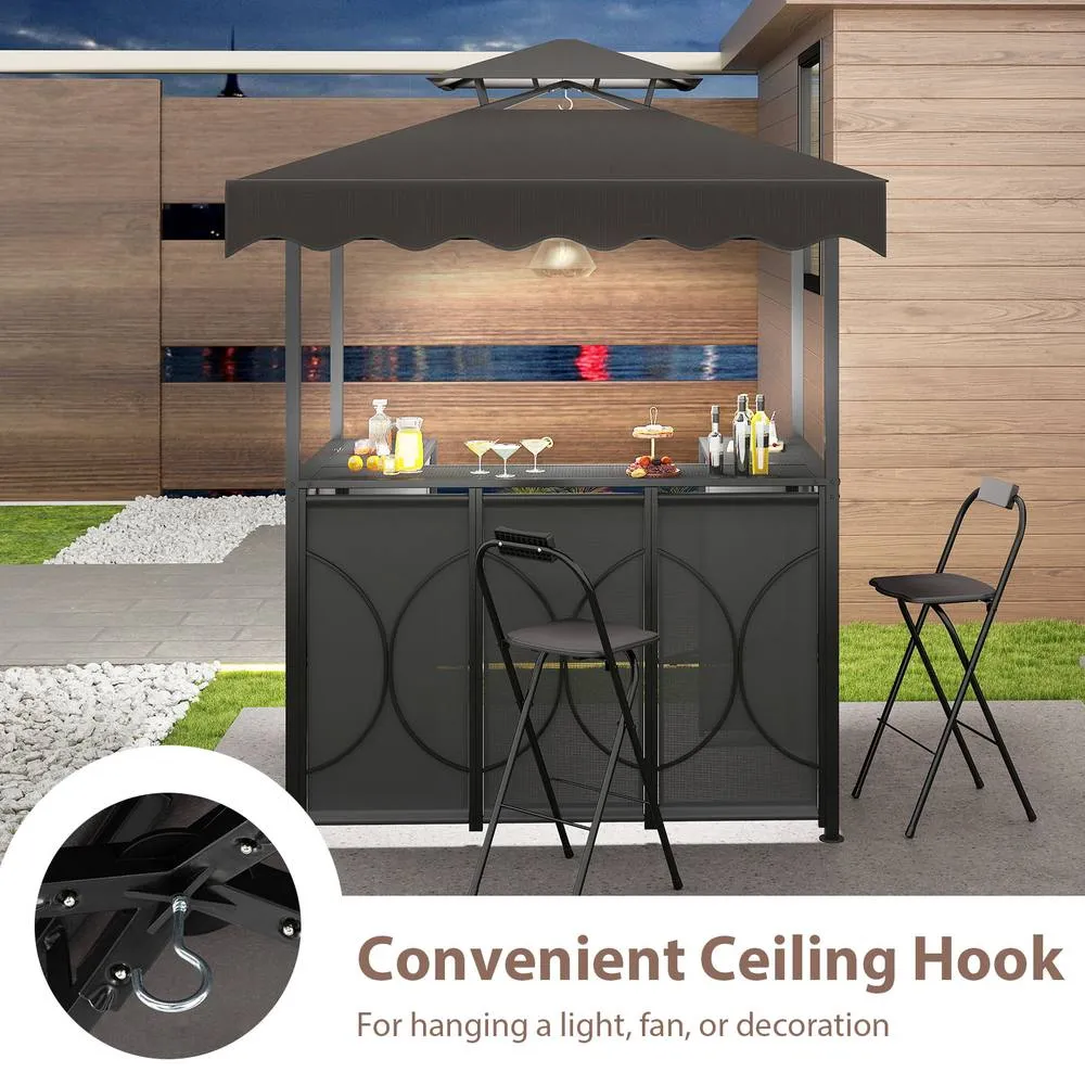 Costway Grill Gazebo w/ Awning Outdoor BBQ Canopy w/Table & 2 Foldable Chairs in Grey 5