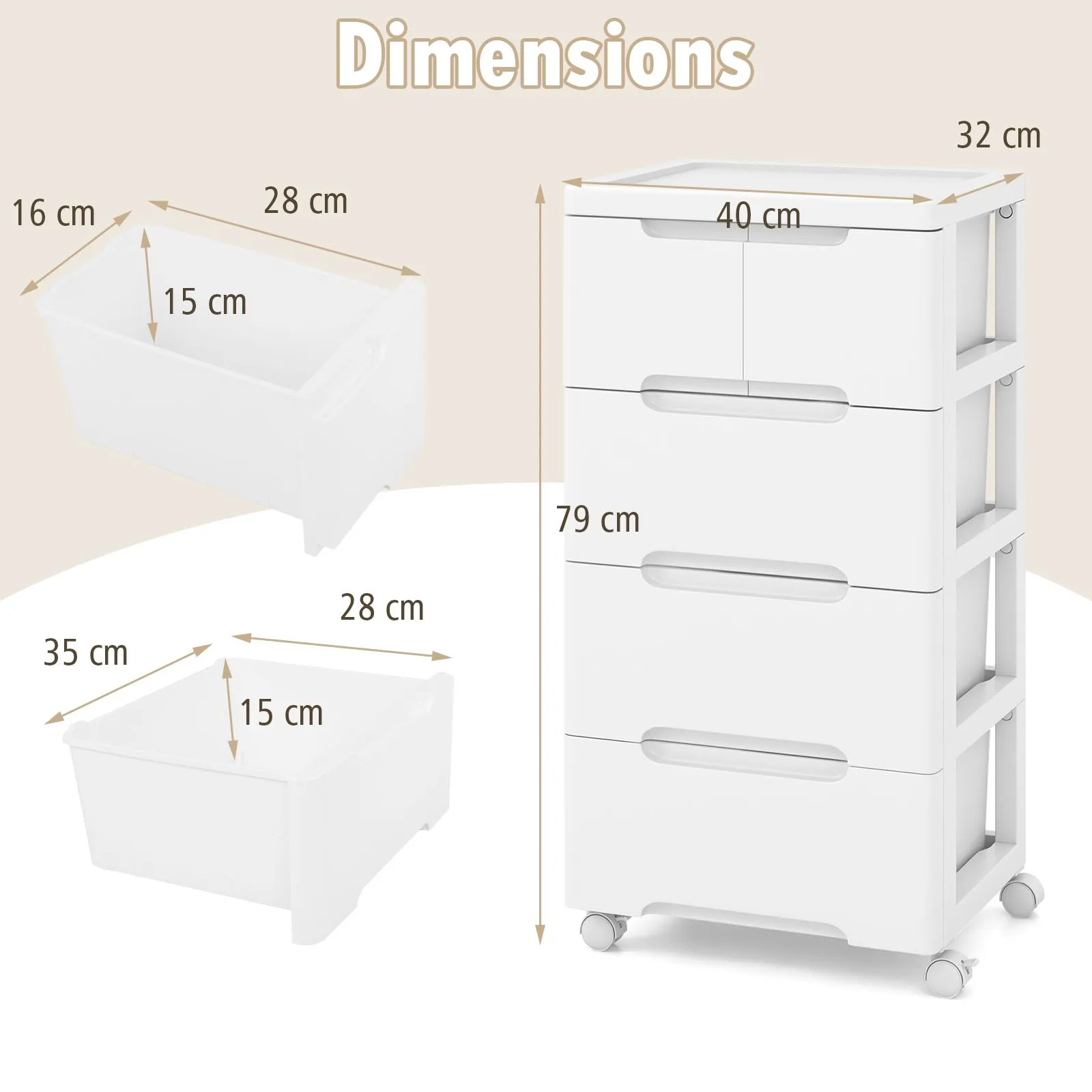 Costway 5-Drawer Rolling Cabinet Plastic Storage Cart 4-tier Drawer Dresser w/ Wheels in White 2
