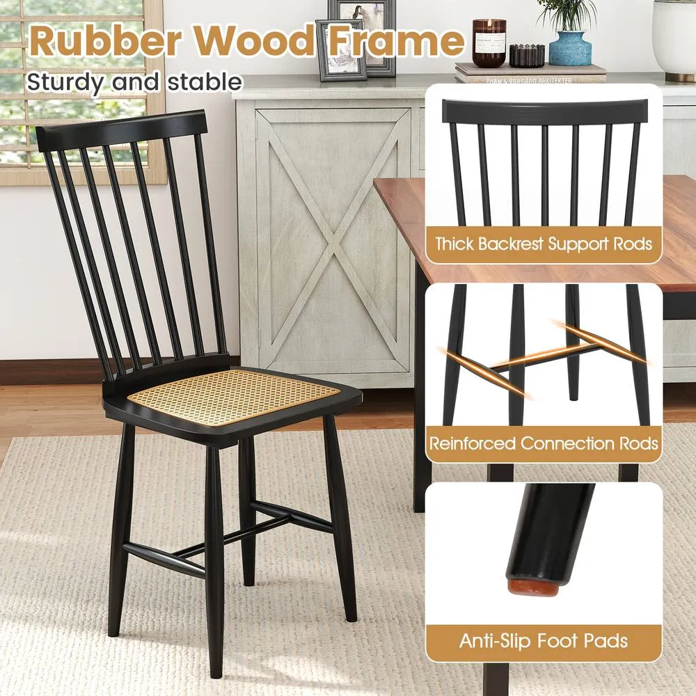 Costway 2PCS Windsor Dining Chair Wooden Chairs w/Spindle Back &PE Rattan Seat in Black 4