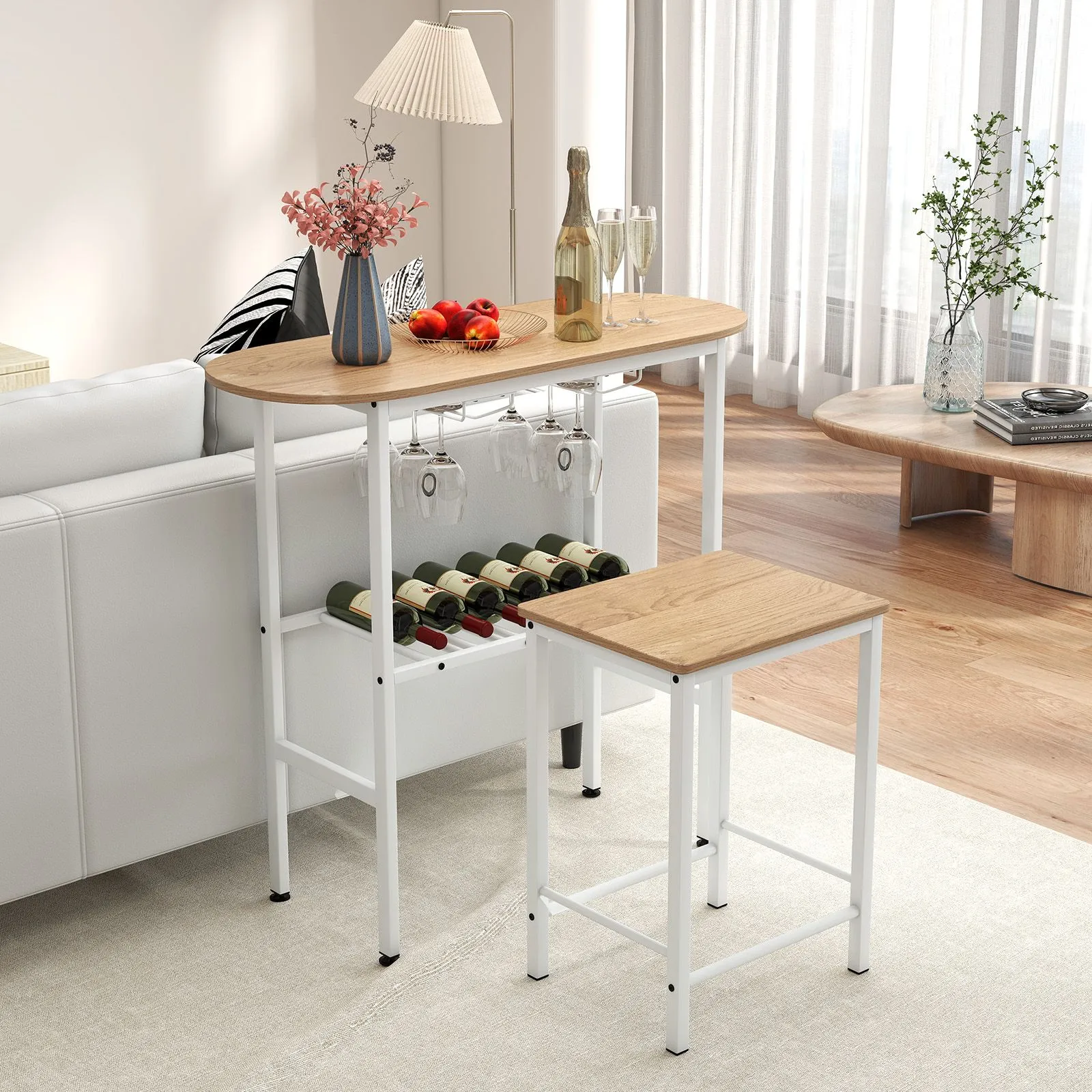Costway 3 Piece Counter Height Table Set Oval Dining Table & 2 Stools in Natural 5