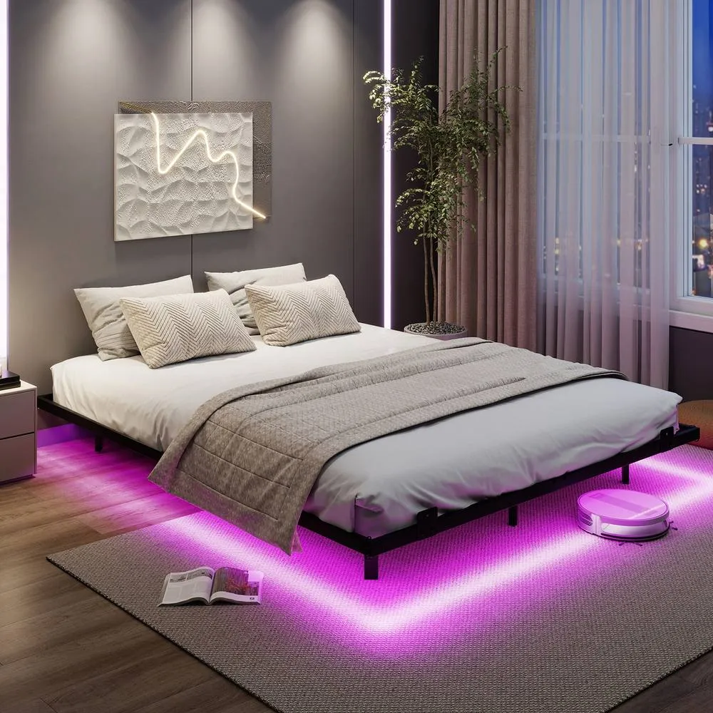Costway King Size Floating Bed Frame w/ LED Lights Modern Metal Platform Bed in Black 4