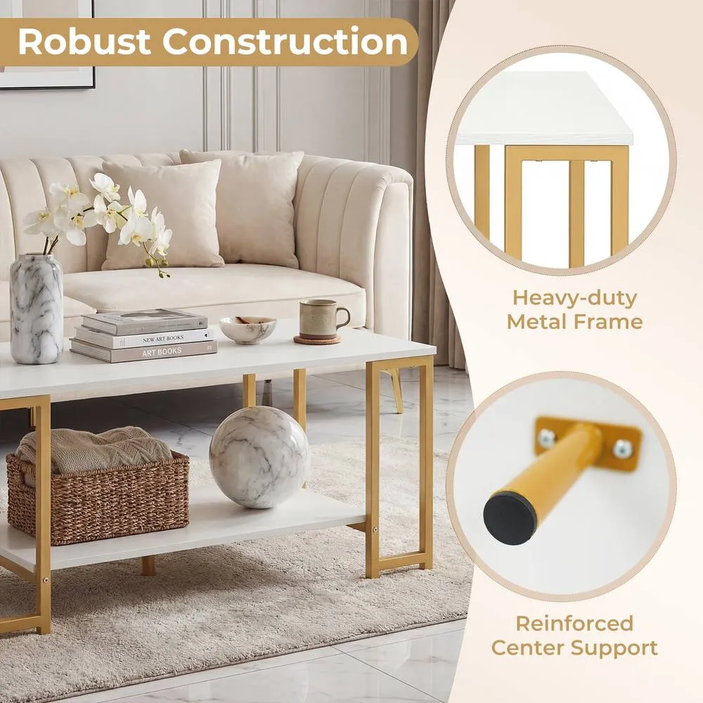 Costway 2-Tier Coffee Table Rectangular Cocktail Table Center Table w/ Shelf in White 6