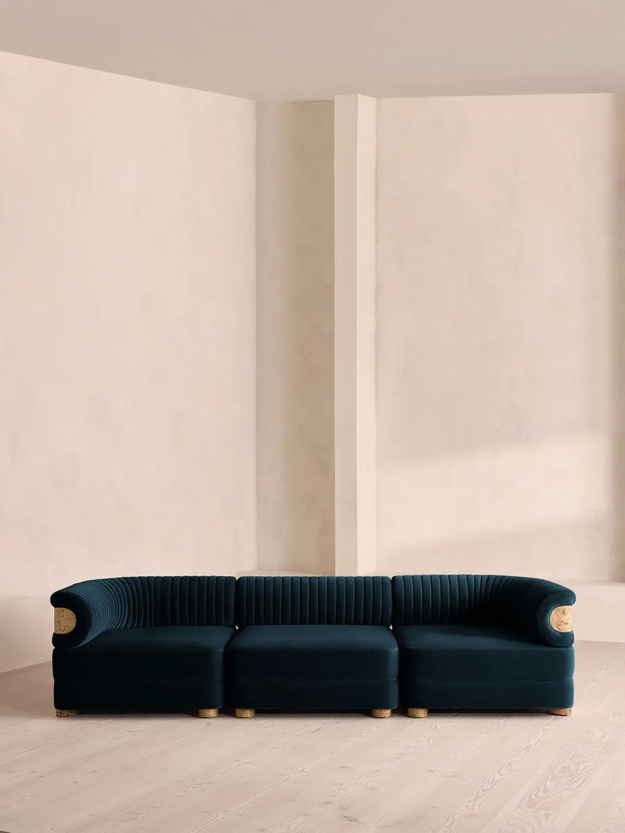 Caleb Modular Four Seater Sofa, Velvet, Royal Blue, Blonde Burl