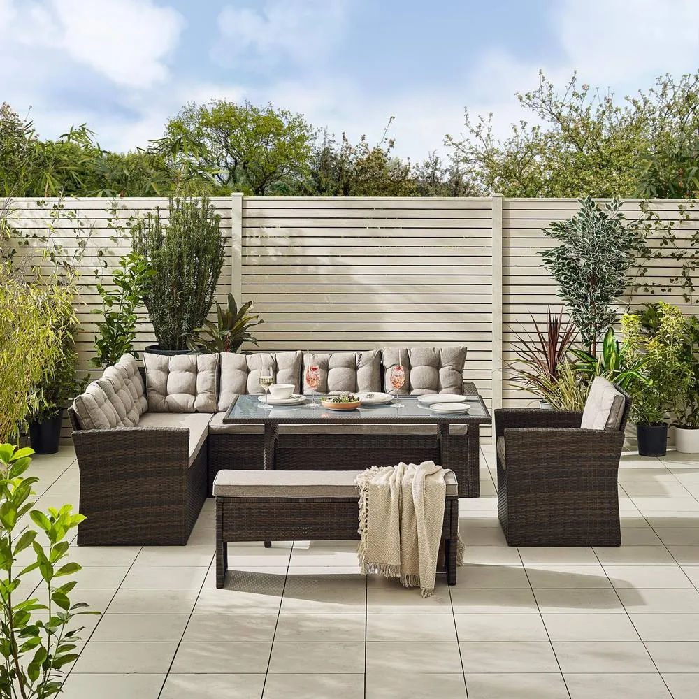 FurnitureboxUK Marbella Textured Grey Rattan Garden Dining Set Grey Cushions 9 Seat Outdoor Sofa, Glass Table Top 145x80cm in Brown 2