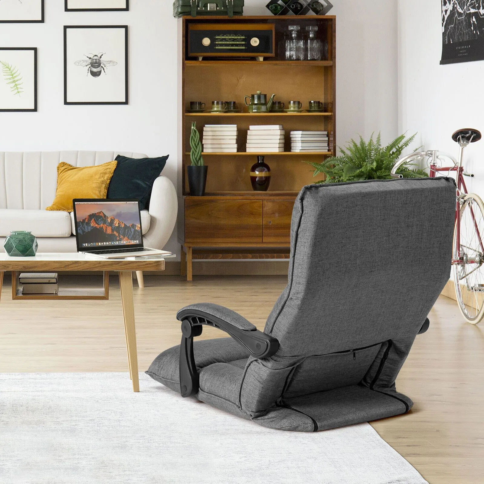 Costway Adjustable Floor Chair Gaming Floor Chair Lazy Sofa W/ Linkage Armrest in Grey 3