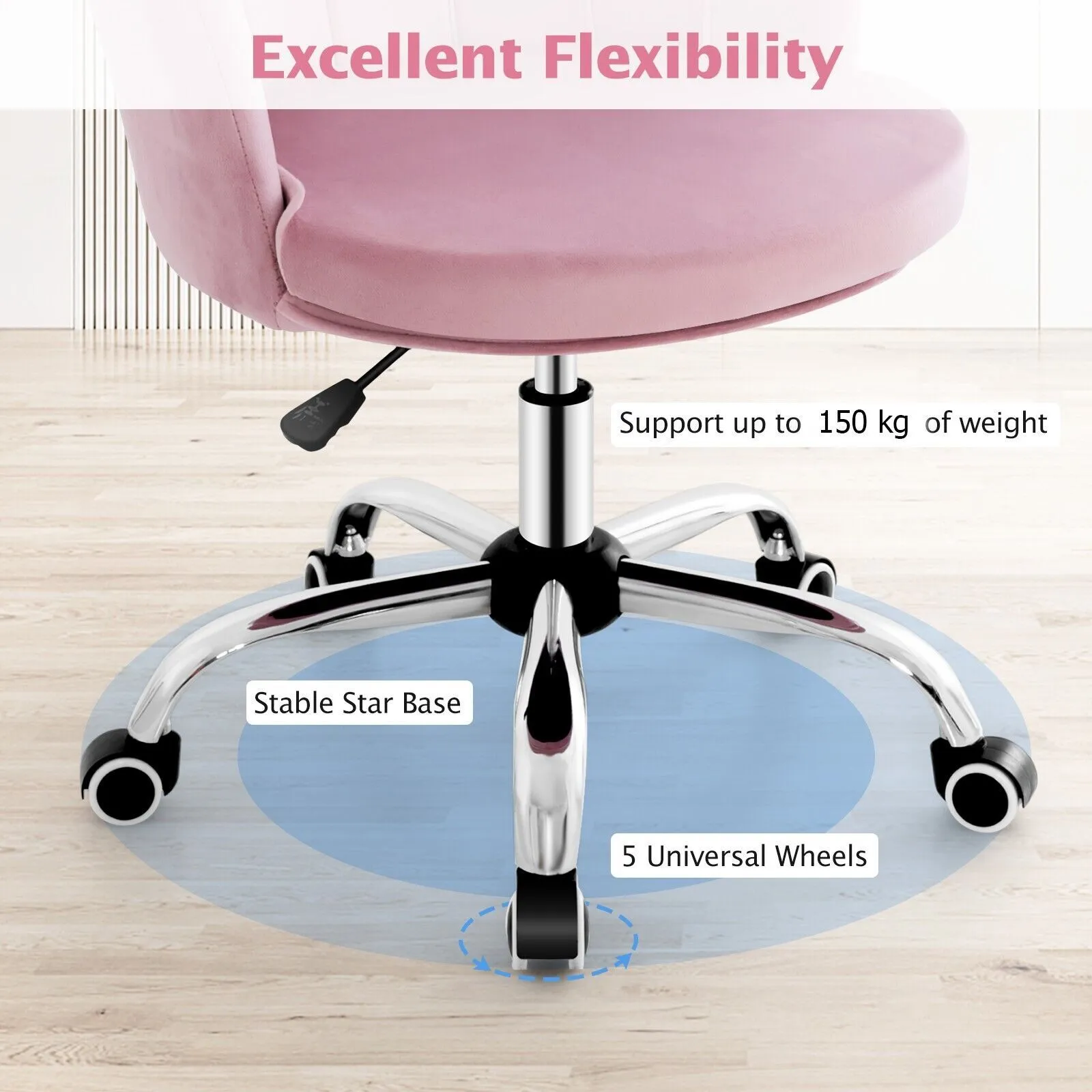 Costway Adjustable Vanity Chair Upholstered Velvet Arm Chair w/Wheels in Pink 5
