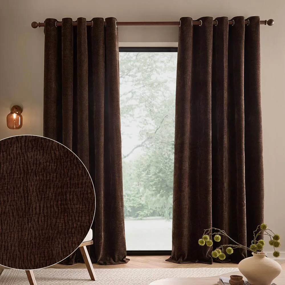 Yard Heath Washed Velvet Fully Lined Eyelet Curtain Pair in Brown