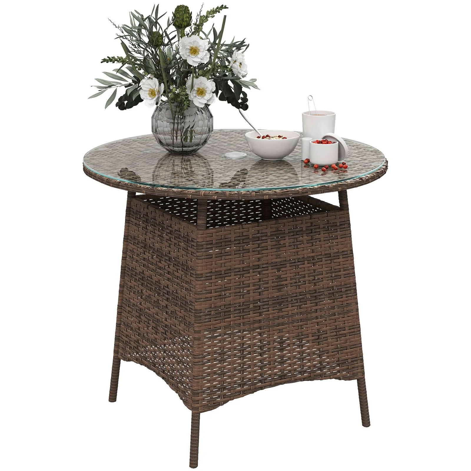 OUTSUNNY Wicker Garden Rattan Table with Umbrella Hole & Tempered Glass Top in Brown 2