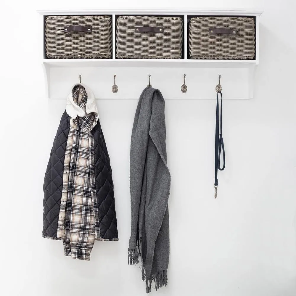 Statement Furniture Tetbury Large Coat Rack Hanging Shelf with 3 Grey Storage Baskets in White