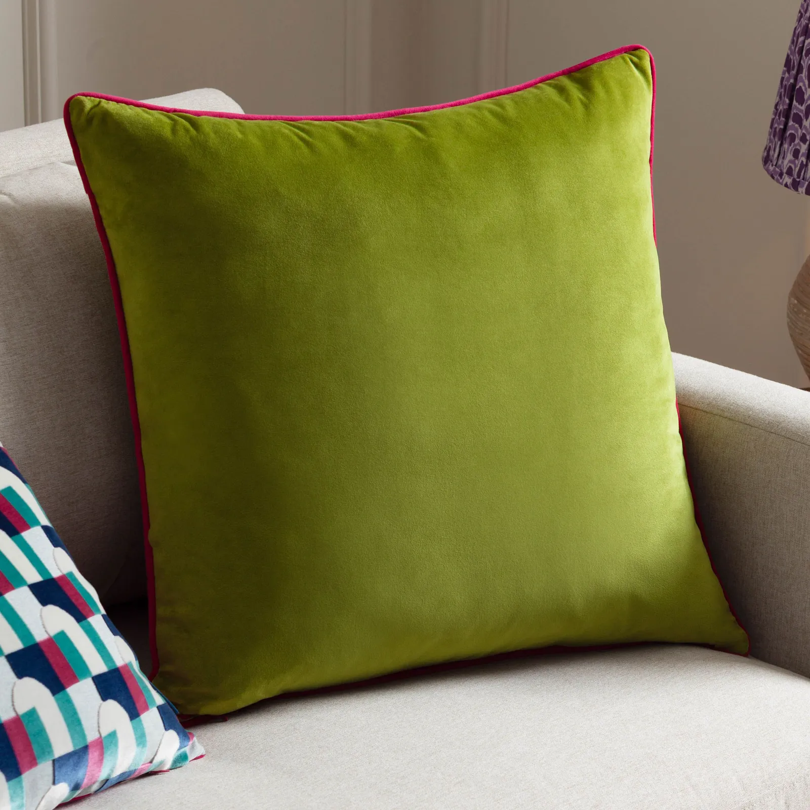 Furn Meridian Velvet Piped Cushion in Lime