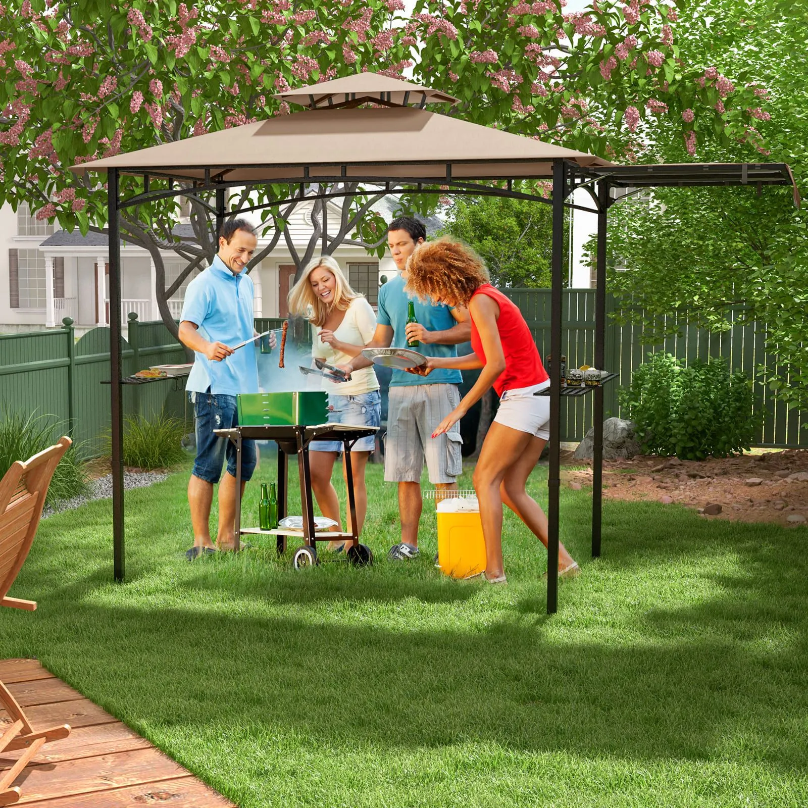 Costway 318x153cm Grill Gazebo Outdoor Barbecue Canopy Tent w/Side Awning in Beige 5