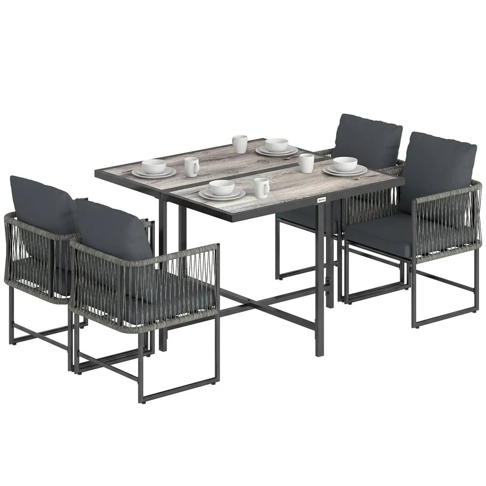 OUTSUNNY 4-Seater Garden Dining Set with Space-Saving Chairs, Black in Grey 2
