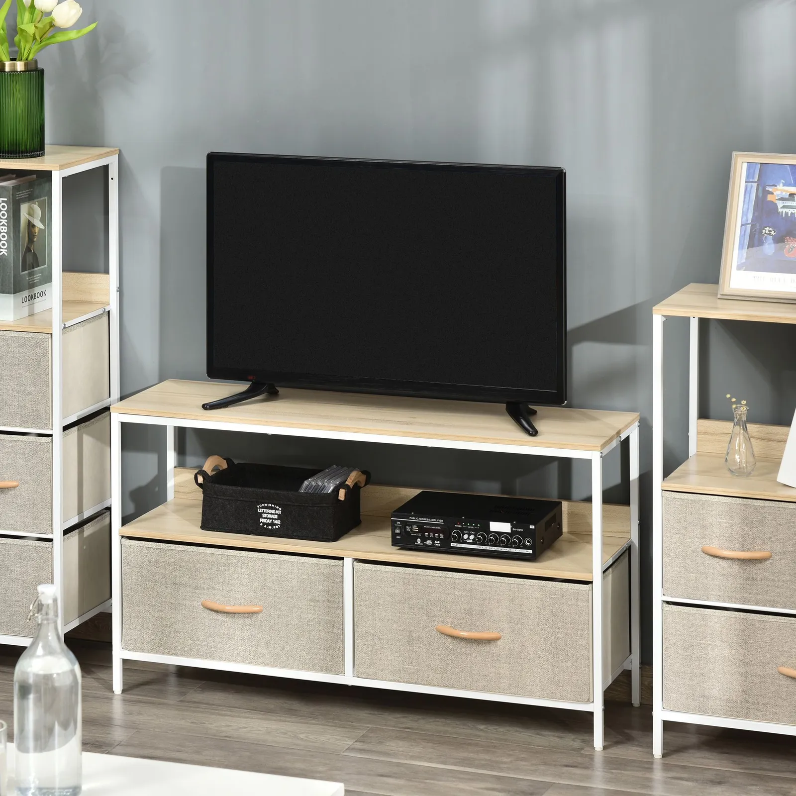 HOMCOM Cabinet, TV Console Unit W/ Foldable Linen Drawers, TV Stand for Living Room in Light Grey