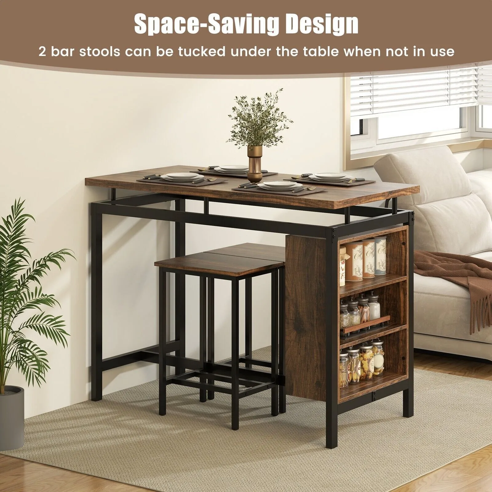 Costway 3Pcs Dining Table Set Counter-Height Dining Table & 2 Bar Stool in Brown 4