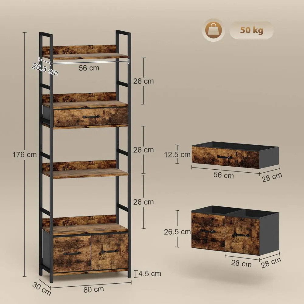HOMCOM Industrial Bookshelf with 4 Shelves & 3 Fabric Drawers Rustic Brown 3