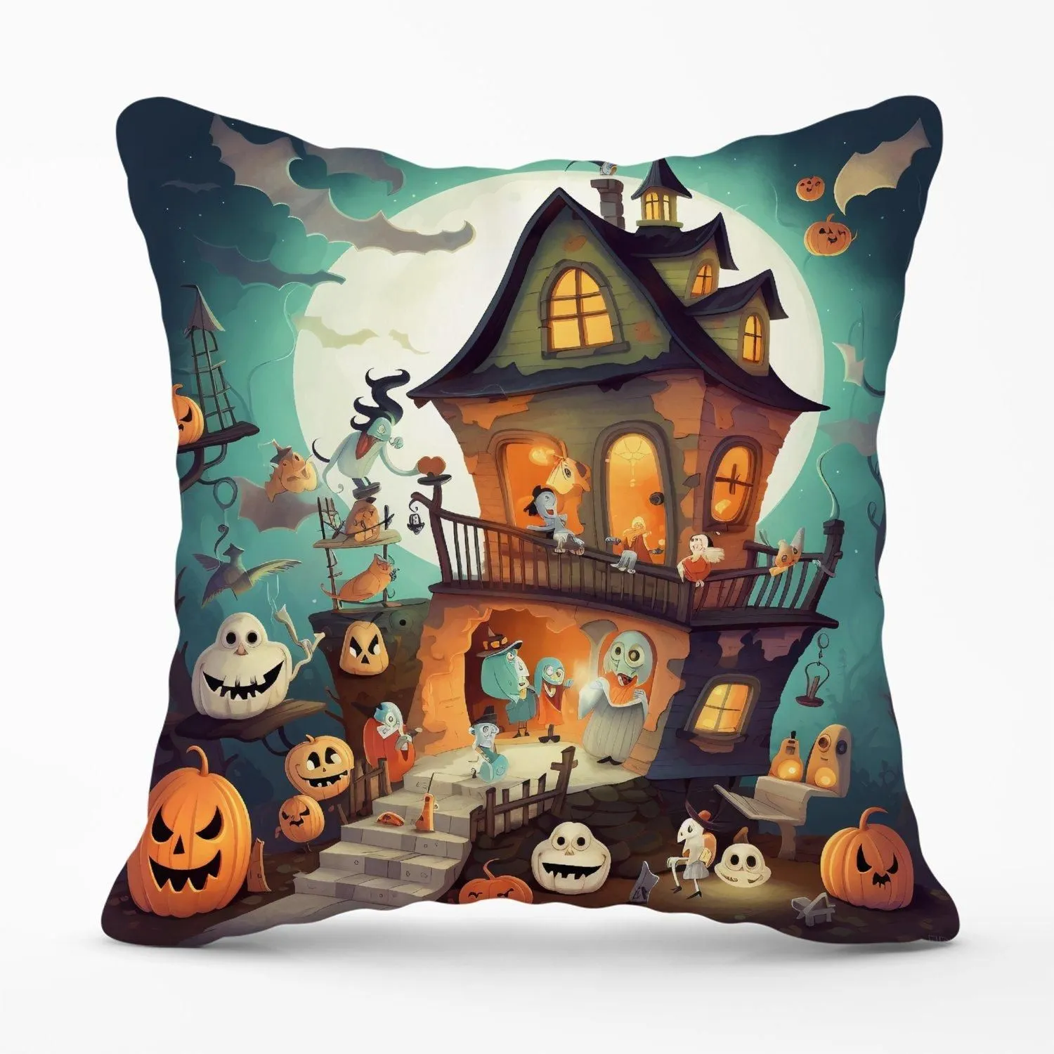 Warren Reed - Designer Illustrations A Whimsical Haunted House Outdoor Cushion in Orange