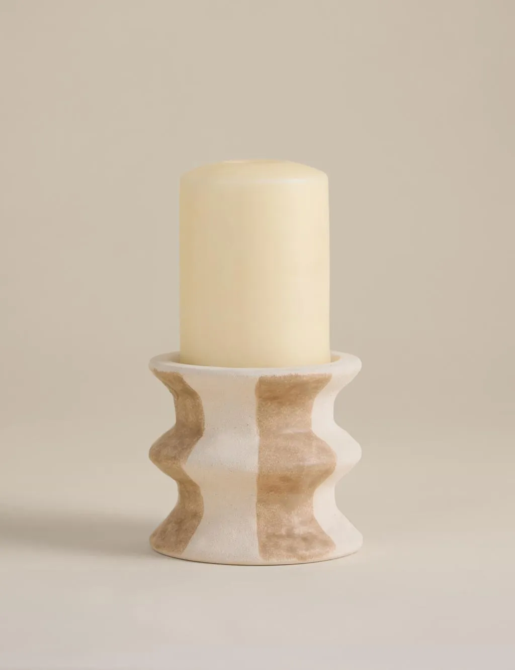 M&S Striped Ceramic Pillar Candle Holder Neutral