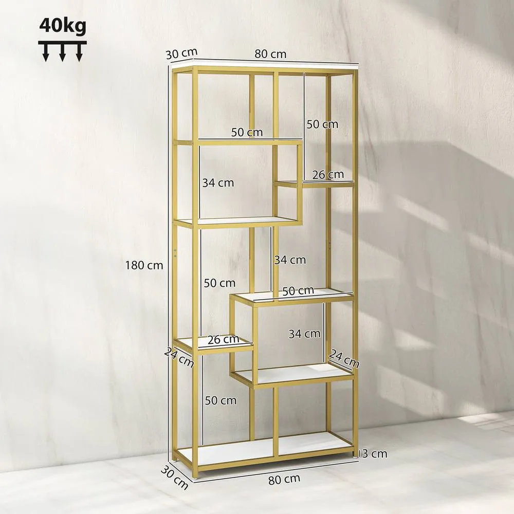 HOMCOM Modern Bookcase 7-Tier Bookshelf Shelving Unit White Gold Tone 3