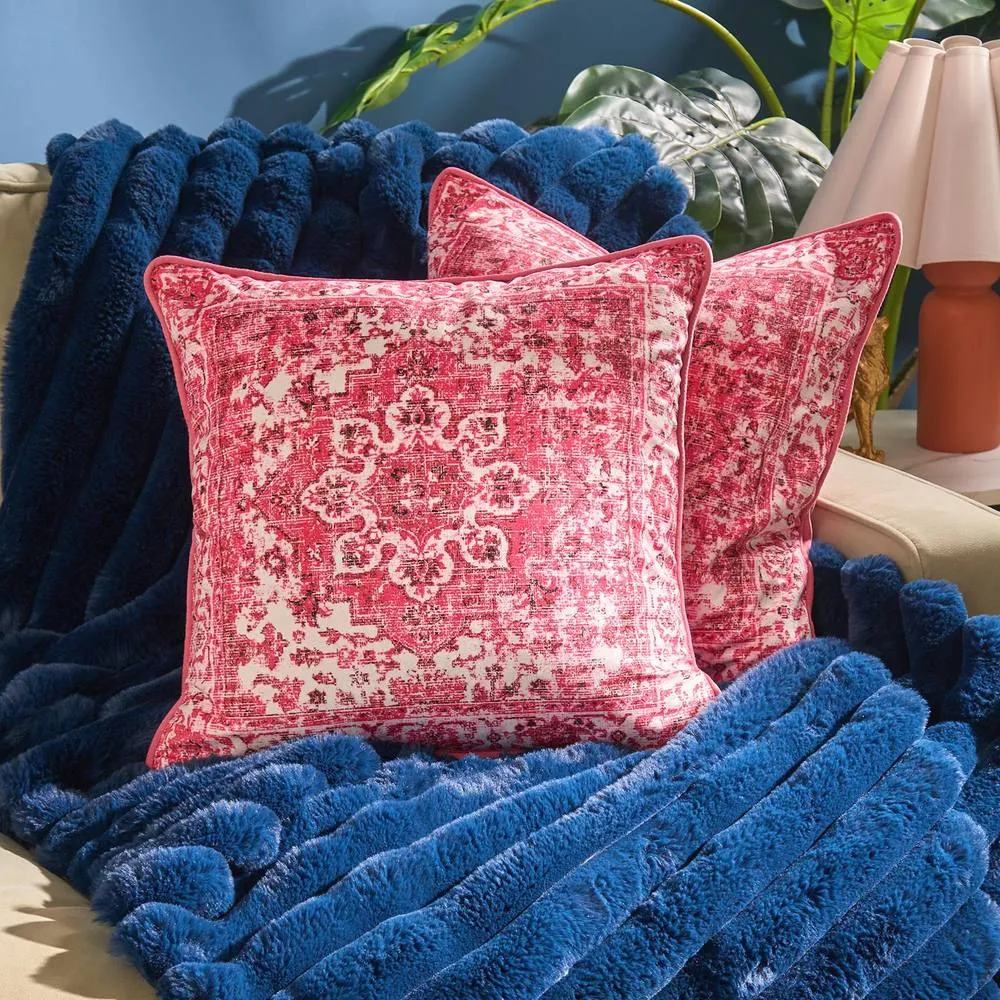 OHS 2 x Vintage Print Matte Velvet Cushion Covers Home Décor in Bright Pink