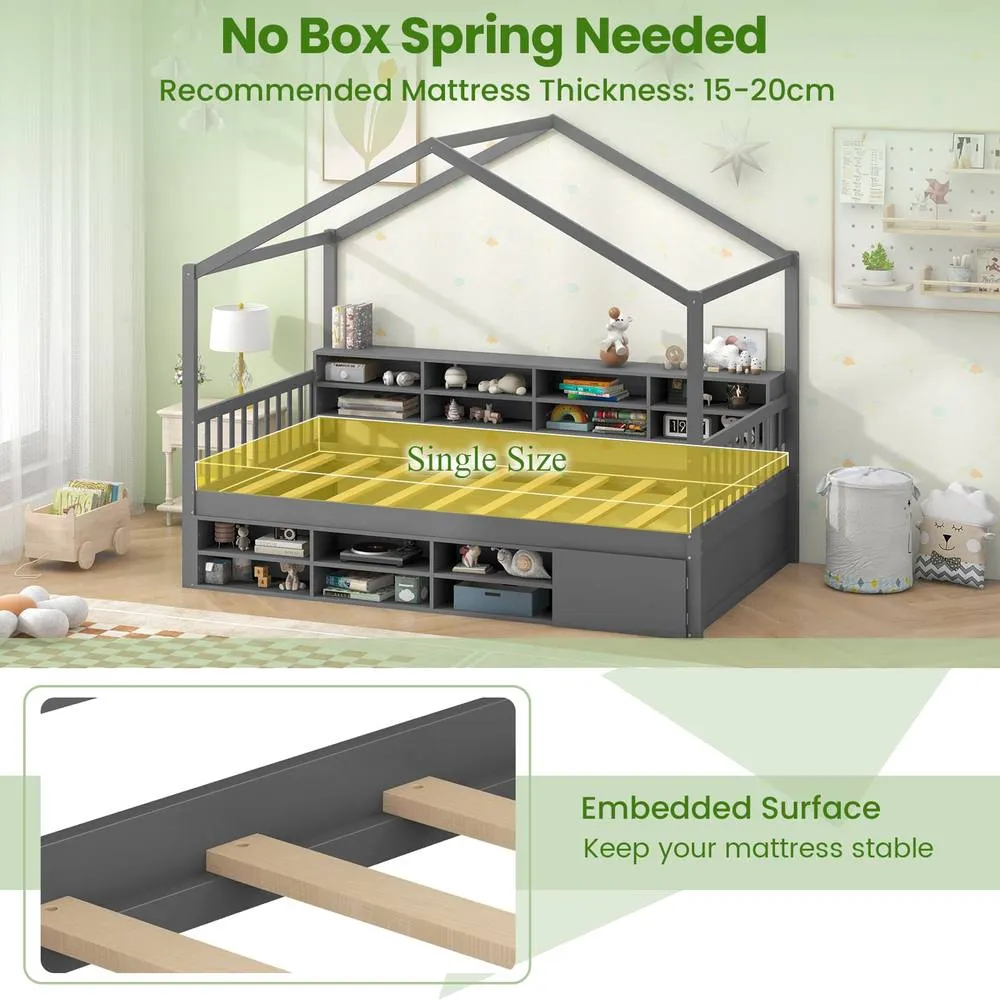 Costway Wooden Single Size House Bed with Roof & 14 Storage Cubes in Grey 5