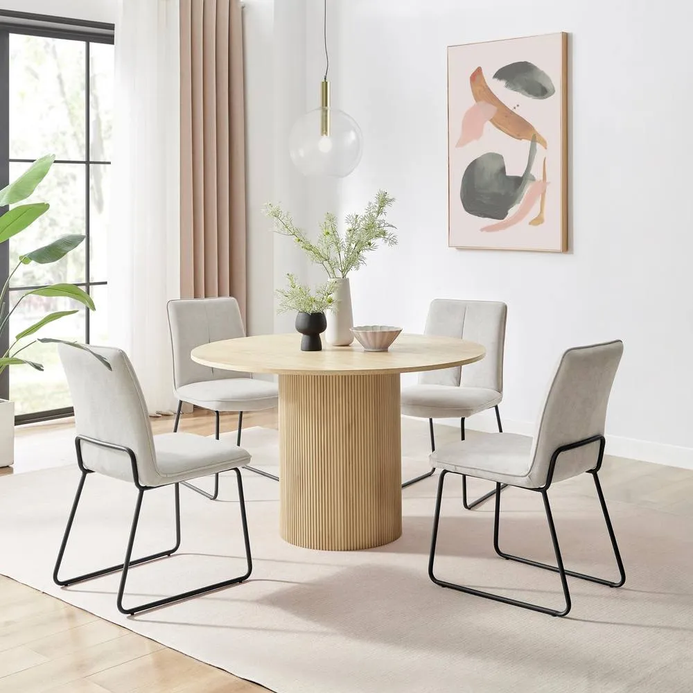 FurnitureboxUK Penrose Oak Effect Round Dining Table & 4 Halleyy Chairs in Taupe 1