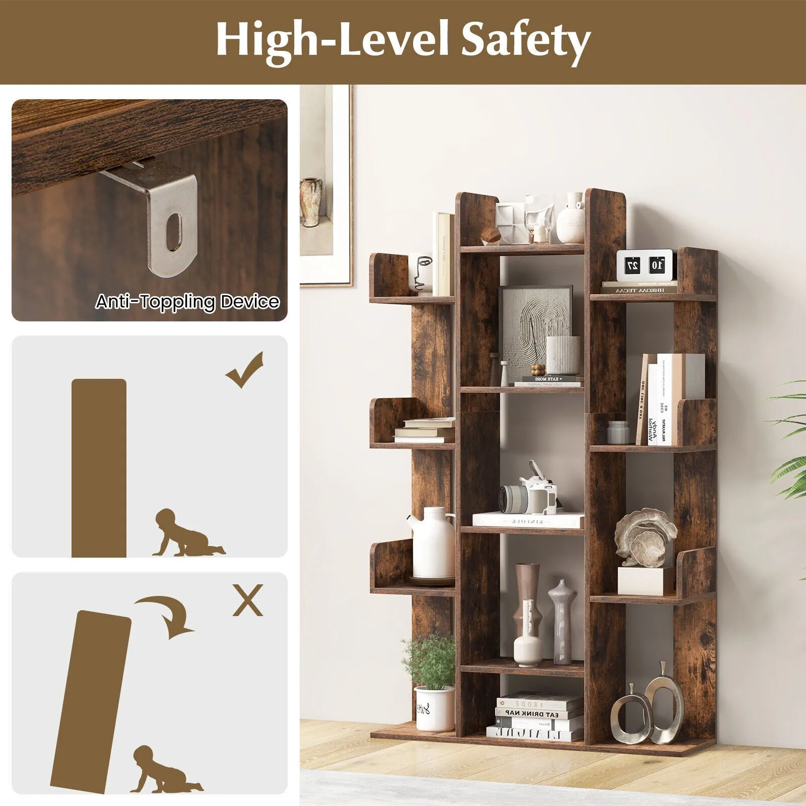 Costway Tree Bookshelf Tall Bookcase Corner Books Storage Organizer Display Cube Shelf in Brown 6