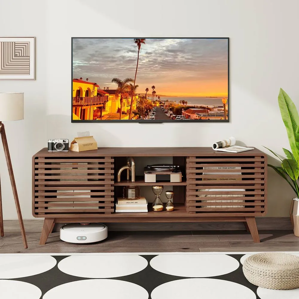 Costway Entertainment Center TV Stand for TVs up to 65" with Sliding Doors in Brown 6